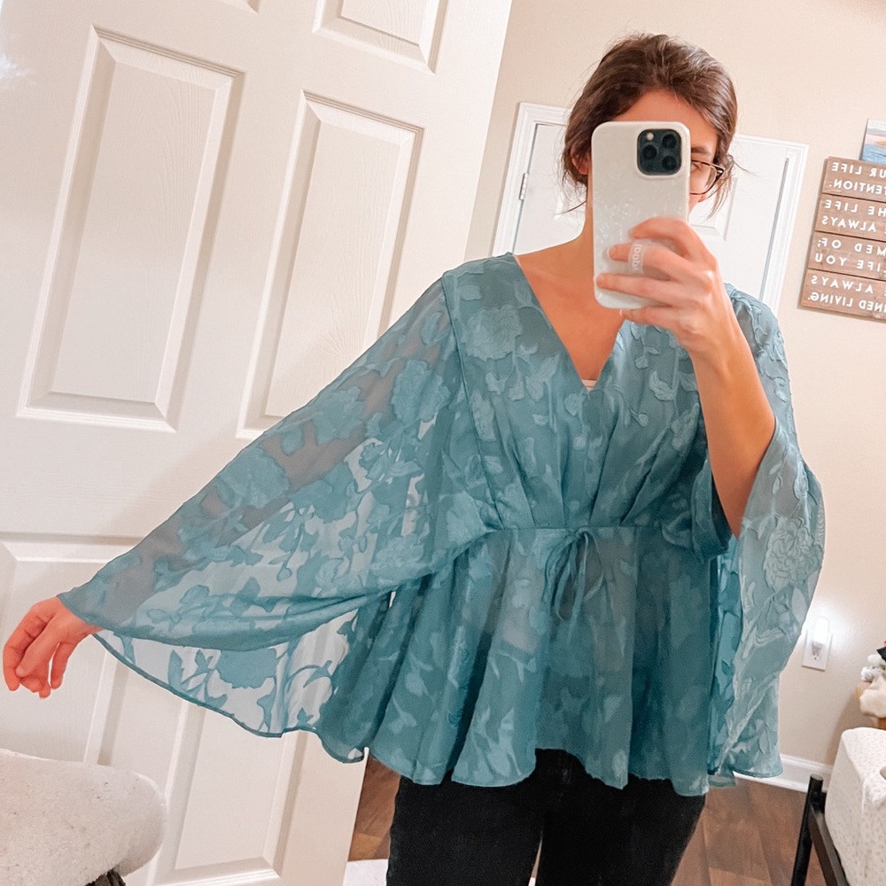 (maurices) NWT turquoise blue whimsical floral sheer blouse